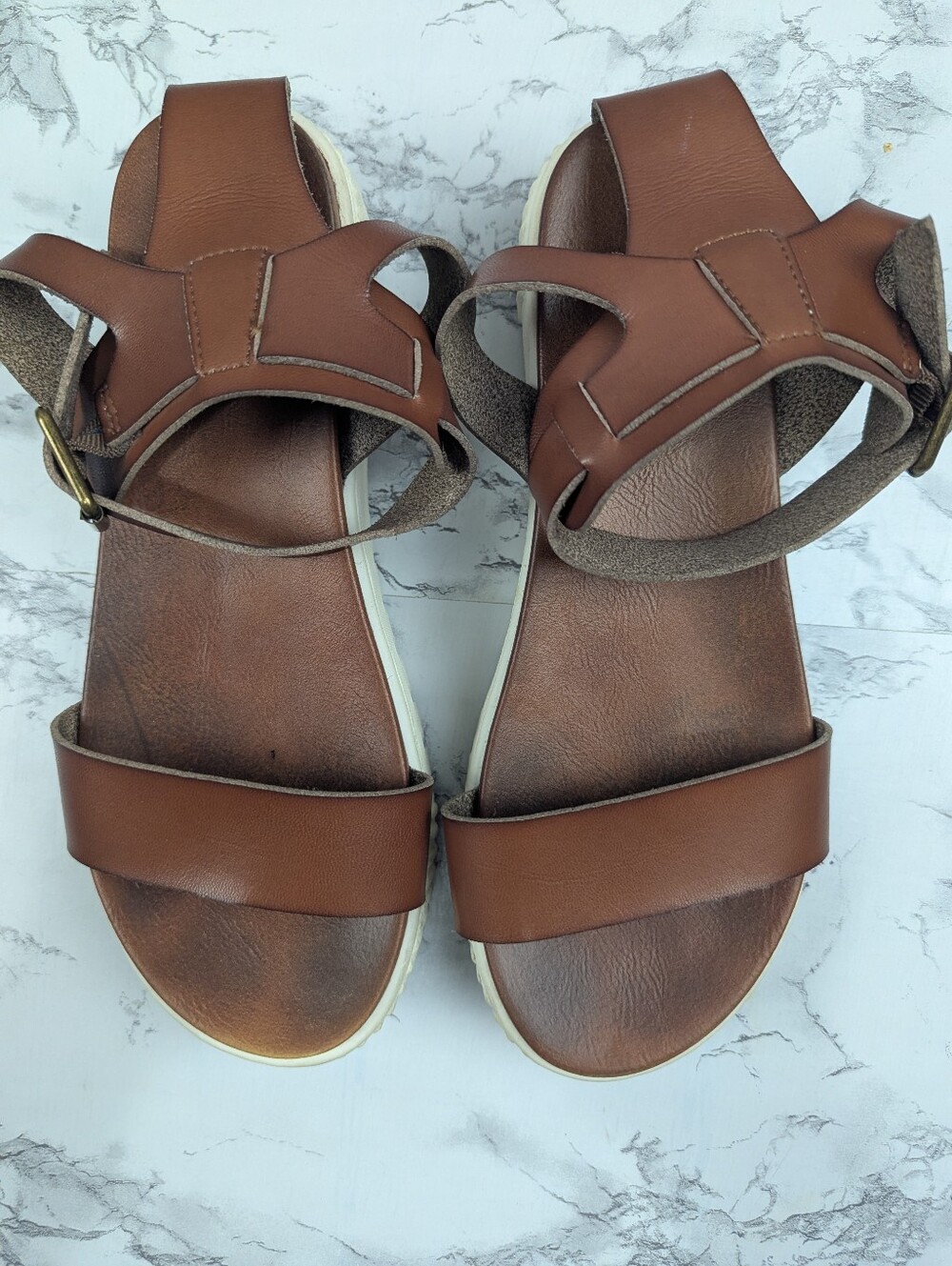 BKE Sole Brown Leather Ankle Strap Platform Sandals Women's Size 8 - Picture 9 of 11